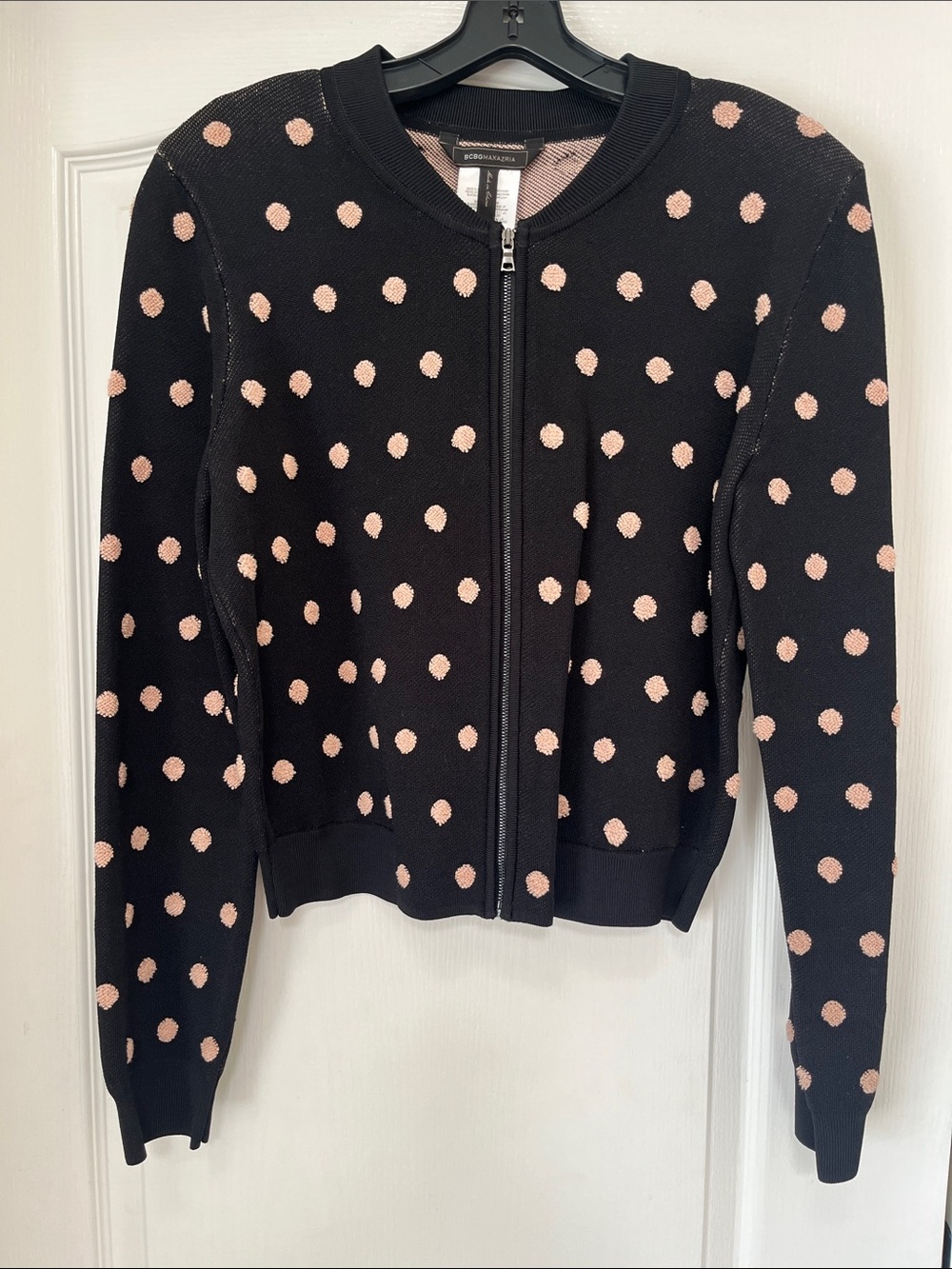 BCBGMaxAzria Black Knit Bomber with Pink Polka Dots, M